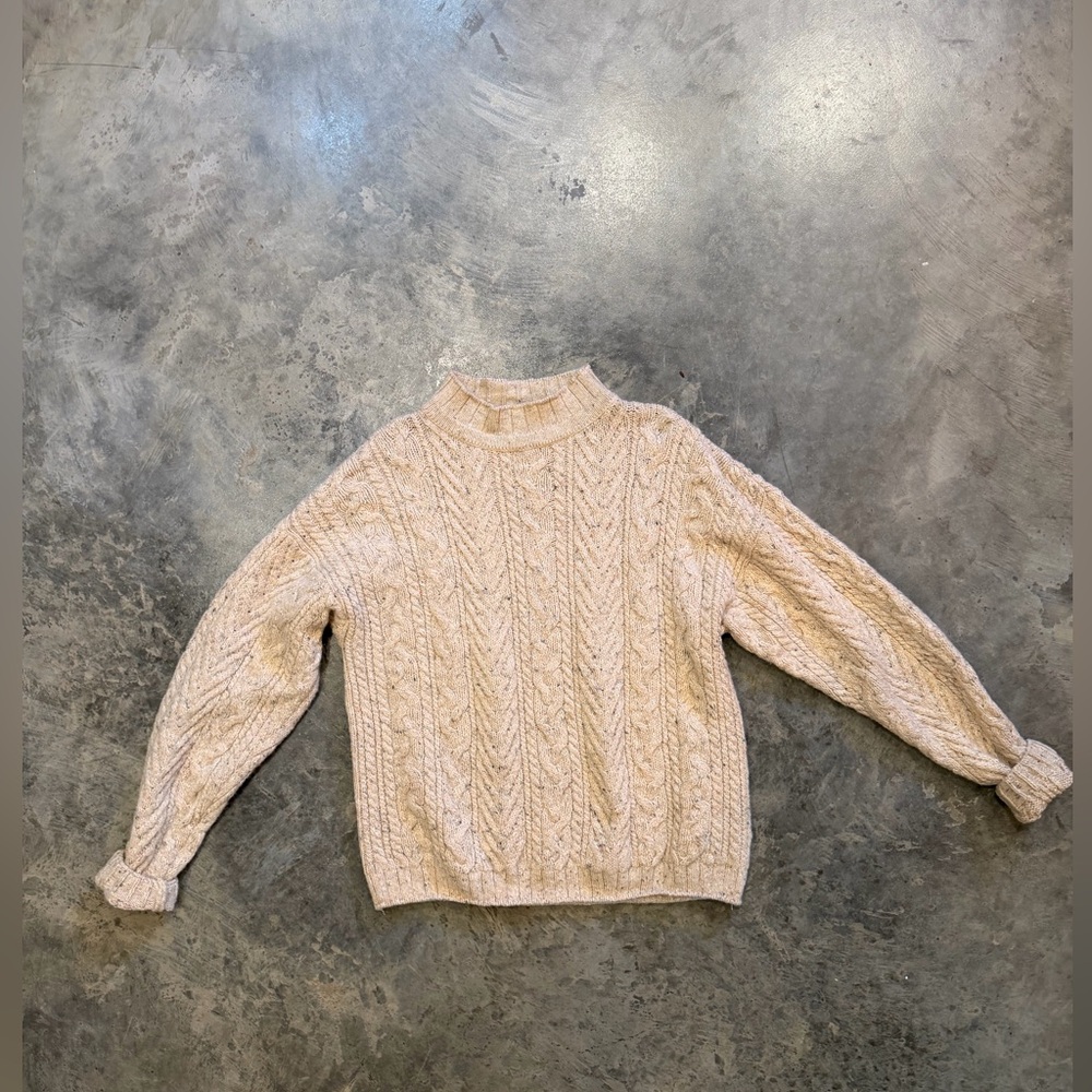Old Glory Cable Knit Mock Neck Wool Sweater - Cream